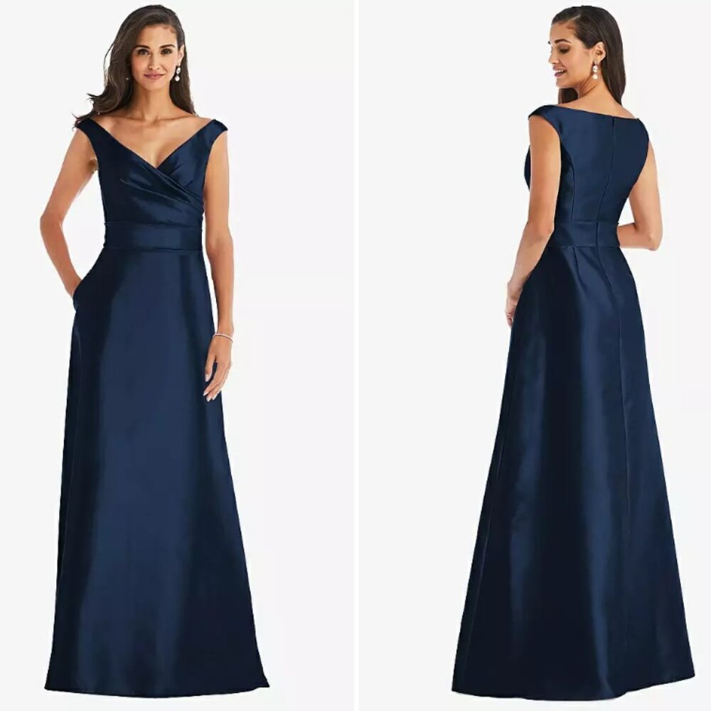 Alfred Sung Off the Shoulder Satin Maxi Dress in Midnight Navy Blue Size 6 D811